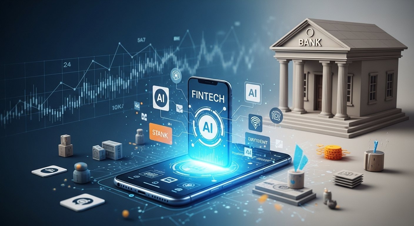 A modern digital illustration showing a sleek FinTech mobile app glowing on a smartphone, surrounded by AI icons, digital payments, and data streams. On the opposite side, a traditional bank building appears faded and outdated. The background blends futuristic fintech technology with financial charts, symbolizing the shift from traditional banks to FinTech startups. Clean, professional fintech style, high detail, cinematic lighting, 4K quality.
