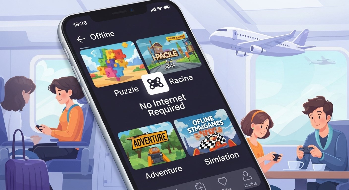 A sleek smartphone displaying multiple offline mobile games such as puzzle, racing, adventure, and simulation games on the screen. A clear “No Internet Required” icon is visible. The background shows people playing games during travel—on a train, airplane, and café. Modern digital illustration style, vibrant colors, clean UI, soft lighting, high detail, gaming and technology theme, 4K resolution, 2026 aesthetic.